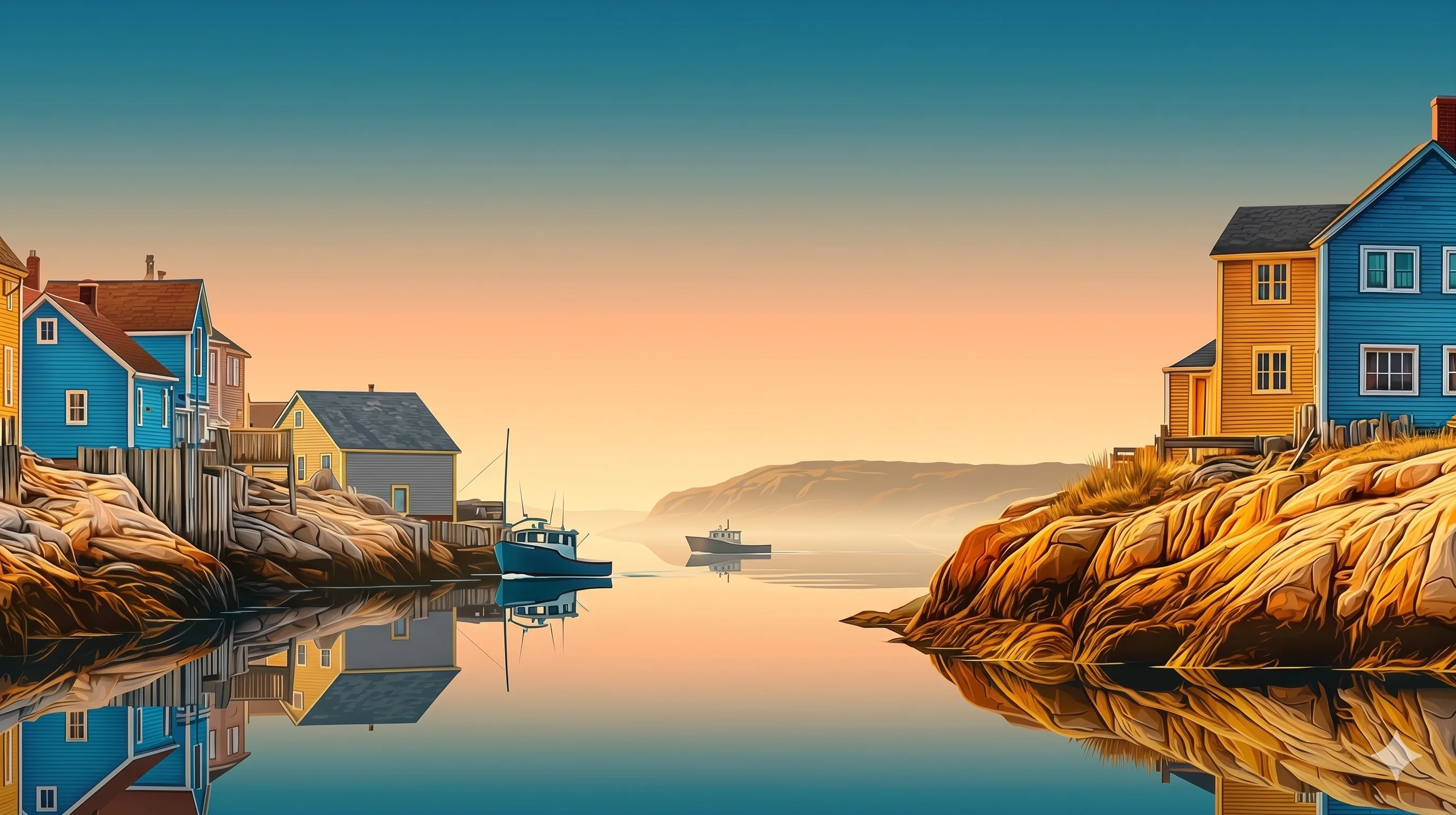 A quiet fishing harbour at first light