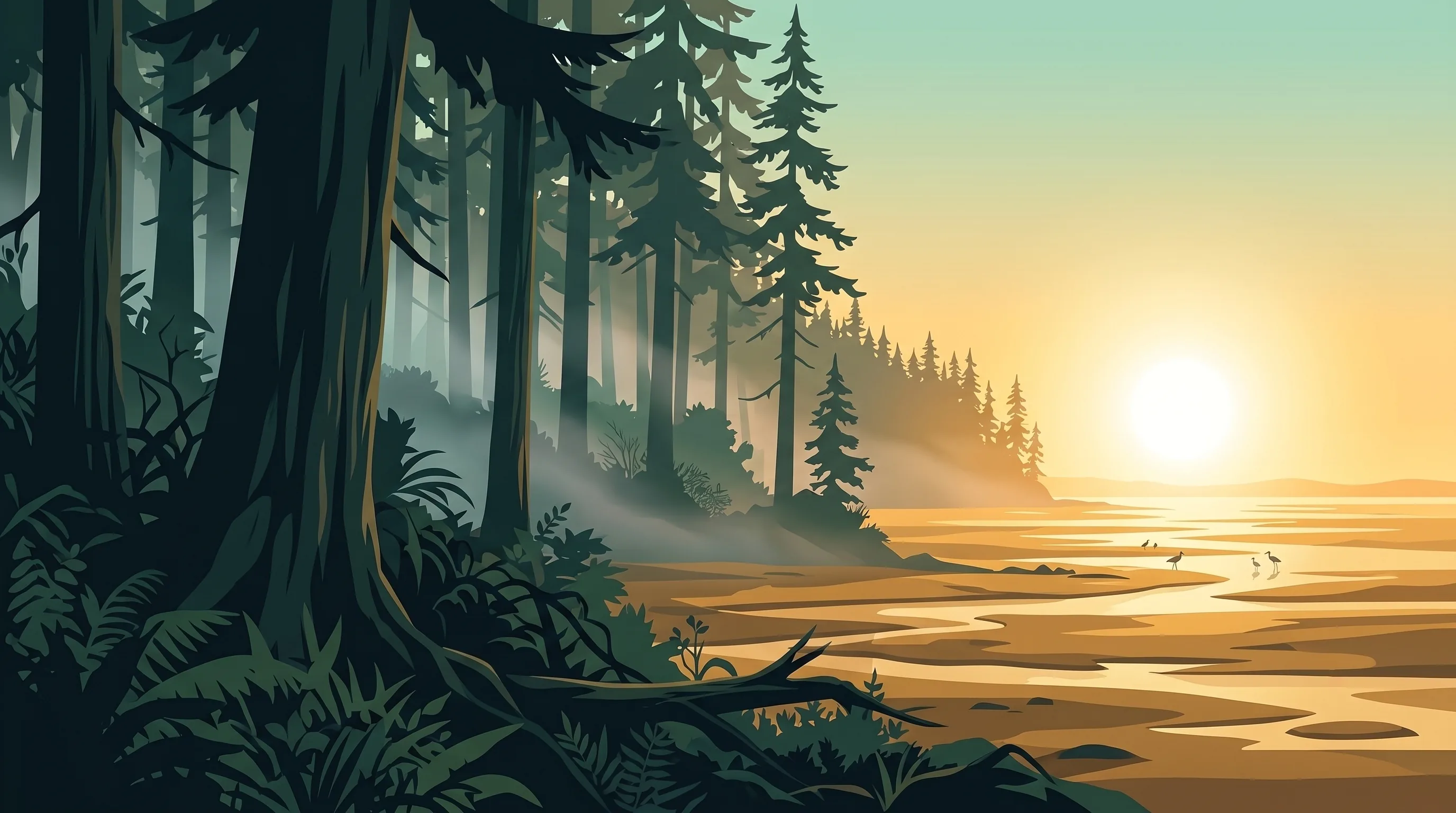 Old-growth forest opening onto a tidal flat at sunrise