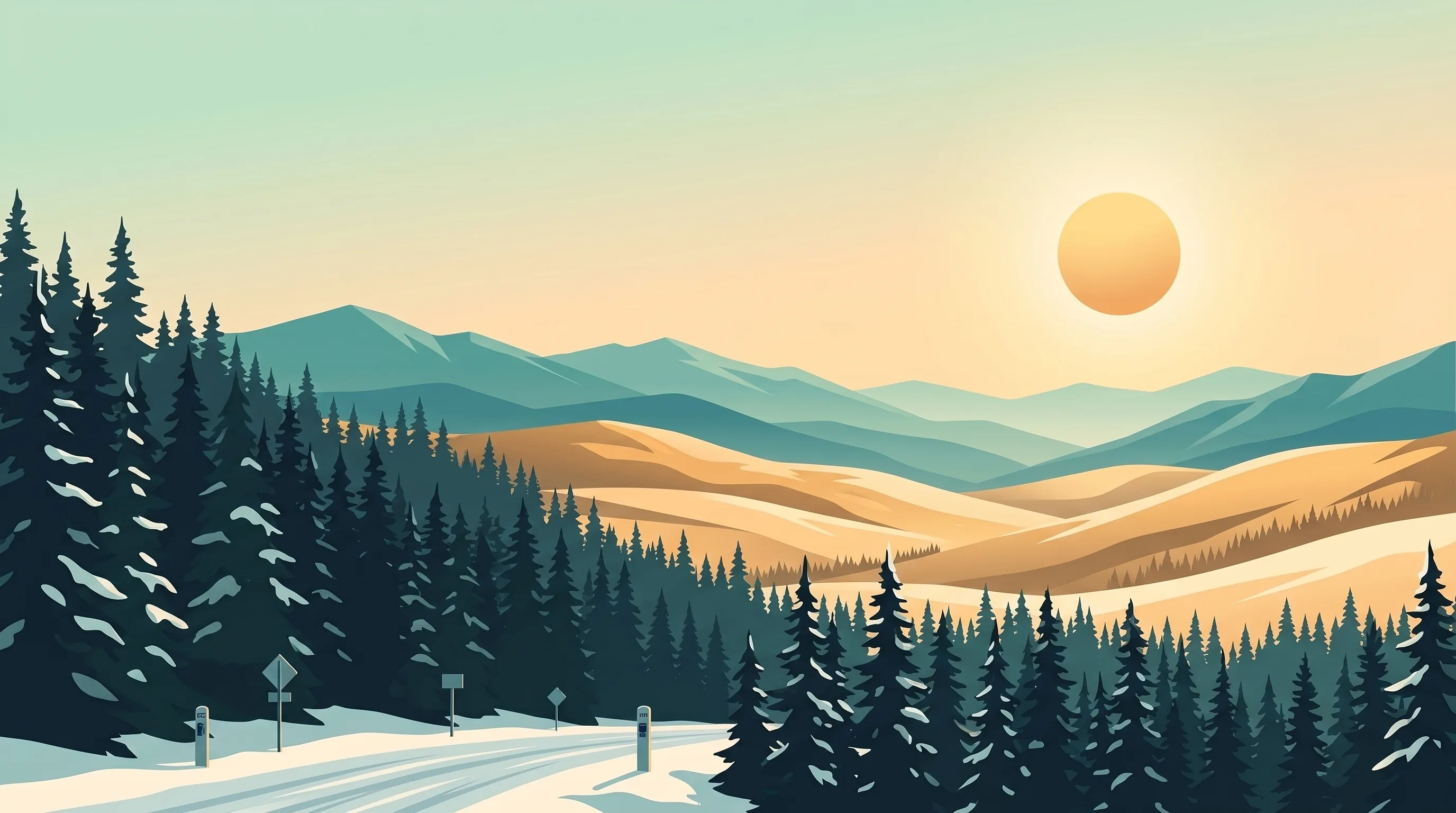 A highway through snowy spruce under a low sun